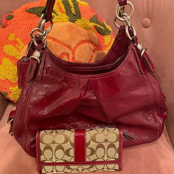 Coach Handbags - Burgundy-red patent leather Coach bag and wallet